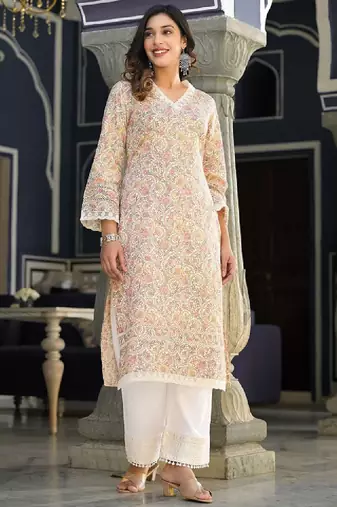 Floral printed v-neck thread work straight kurta
