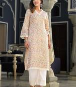 Floral printed v-neck thread work straight kurta