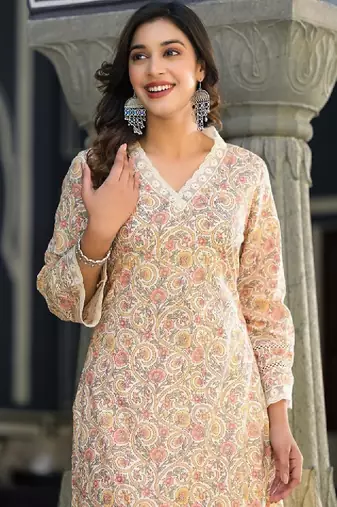 Floral printed v-neck thread work straight kurta