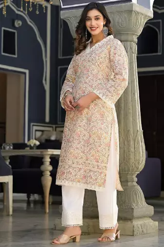 Floral printed v-neck thread work straight kurta