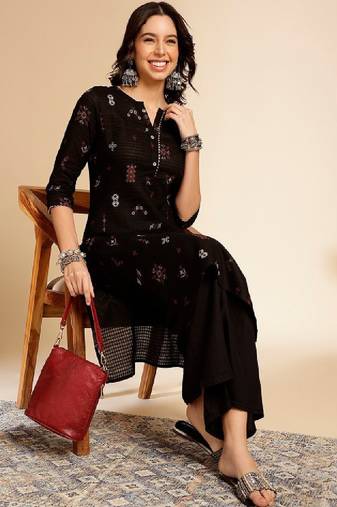 Black ethnic motifs printed round neck gotta patti cotton straight kurta