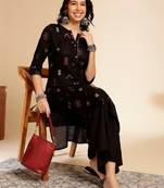 Black ethnic motifs printed round neck gotta patti cotton straight kurta