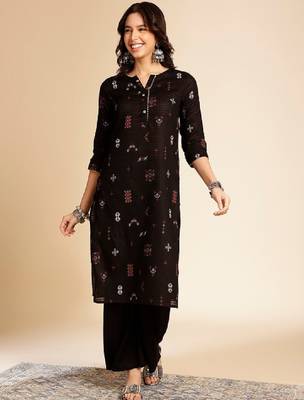Black ethnic motifs printed round neck gotta patti cotton straight kurta 3