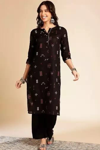 Black ethnic motifs printed round neck gotta patti cotton straight kurta