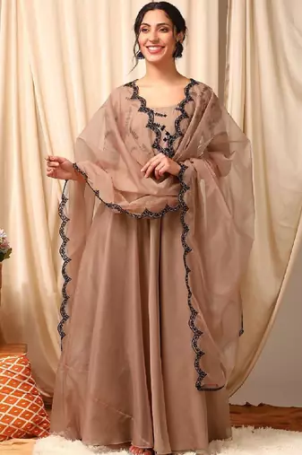 Floral embroidered thread work anarkali kurta with dupatta
