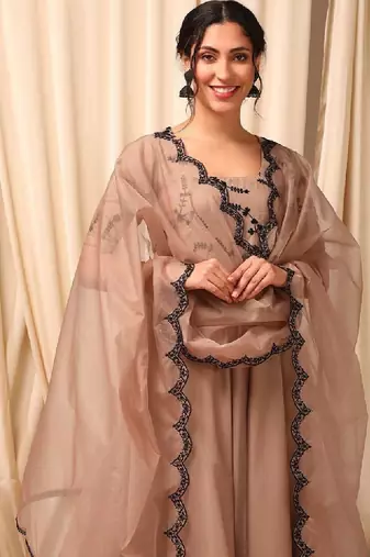 Floral embroidered thread work anarkali kurta with dupatta