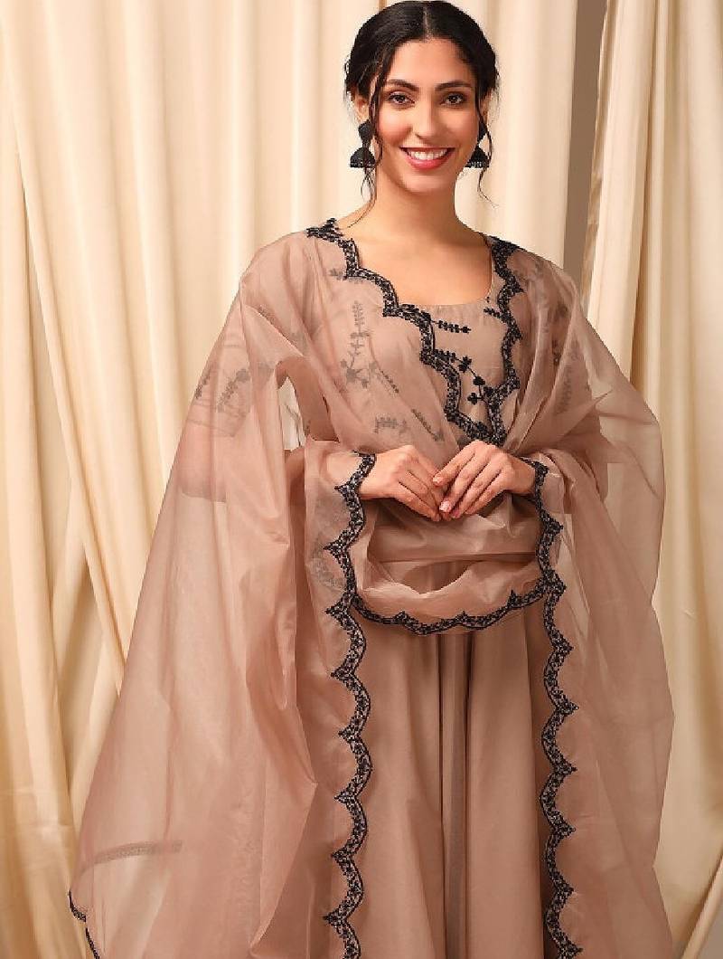 Floral embroidered thread work anarkali kurta with dupatta