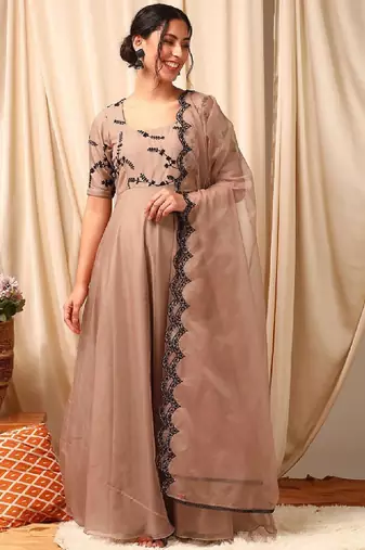 Floral embroidered thread work anarkali kurta with dupatta