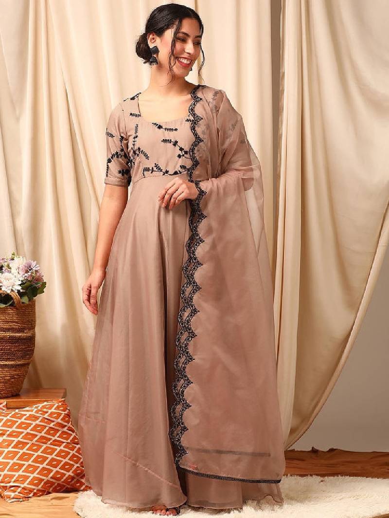 Floral embroidered thread work anarkali kurta with dupatta