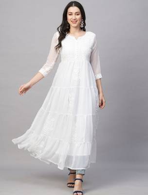 Women solid georgette tiered chikankari flared kurti gown maxi dress 1