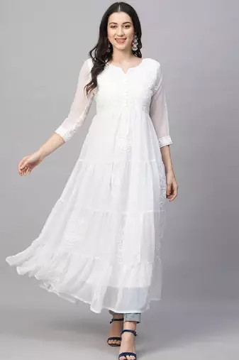 Women solid georgette tiered chikankari flared kurti gown maxi dress