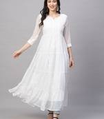Women solid georgette tiered chikankari flared kurti gown maxi dress