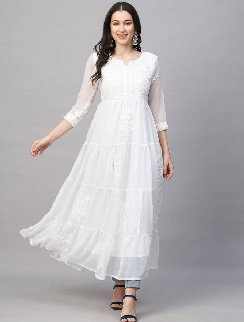 Women solid georgette tiered chikankari flared kurti gown maxi dress