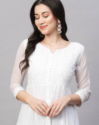 Women solid georgette tiered chikankari flared kurti gown maxi dress 2