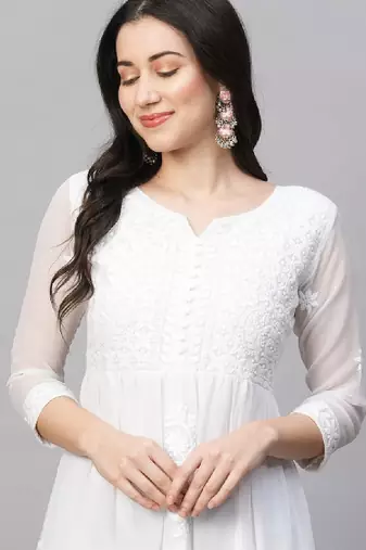 Women solid georgette tiered chikankari flared kurti gown maxi dress