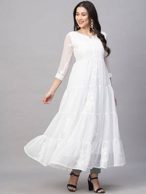 Women solid georgette tiered chikankari flared kurti gown maxi dress 3