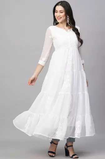 Women solid georgette tiered chikankari flared kurti gown maxi dress
