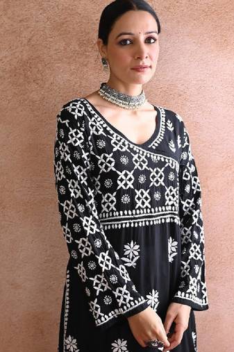 Women black modal chikankari embroidered kurta