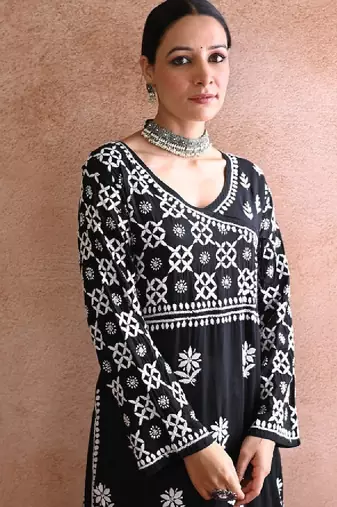 Women black modal chikankari embroidered kurta