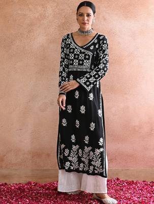 Women black modal chikankari embroidered kurta 2