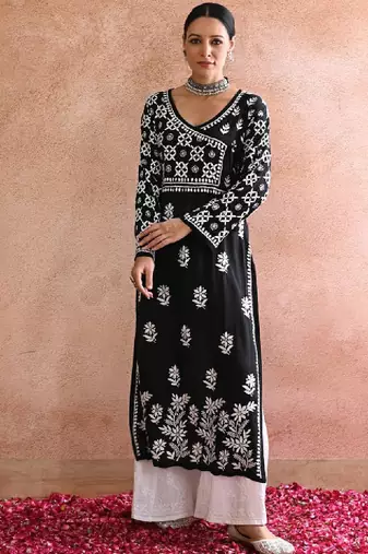 Women black modal chikankari embroidered kurta