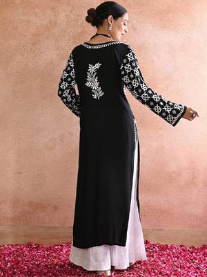 Women black modal chikankari embroidered kurta 3
