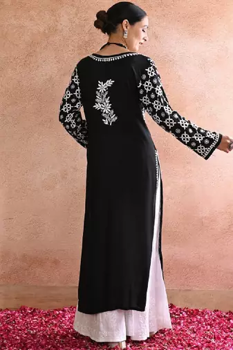 Women black modal chikankari embroidered kurta