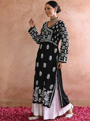 Women black modal chikankari embroidered kurta 4