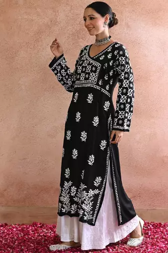 Women black modal chikankari embroidered kurta