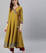Women mustard yellow floral printed angrakha anarkali kurta with tassel tie-up