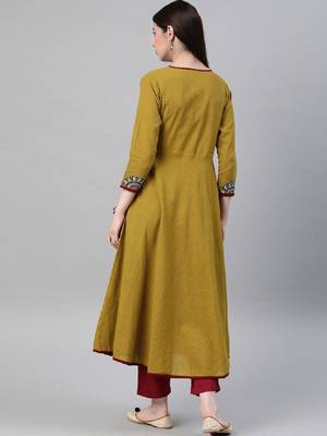 Women mustard yellow floral printed angrakha anarkali kurta with tassel tie-up 2