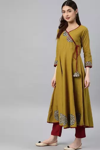 Women mustard yellow floral printed angrakha anarkali kurta with tassel tie-up