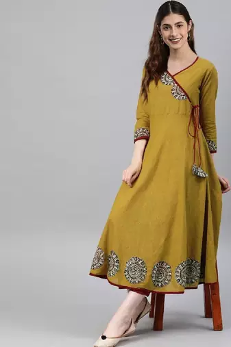 Women mustard yellow floral printed angrakha anarkali kurta with tassel tie-up