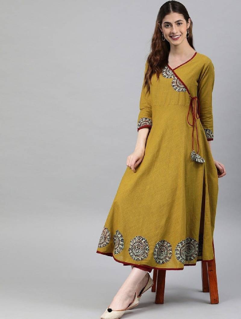 Women mustard yellow floral printed angrakha anarkali kurta with tassel tie-up