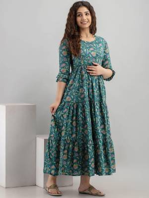 Pure cotton printed pregnancy wear maternity maxi dress with nursing zipper 3