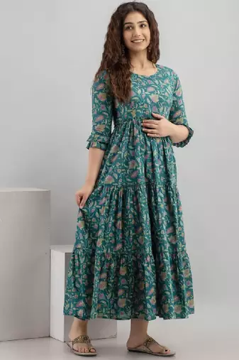 Pure cotton printed pregnancy wear maternity maxi dress with nursing zipper