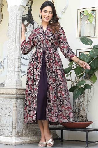 Floral printed v-neck mirror work anarkali kurta