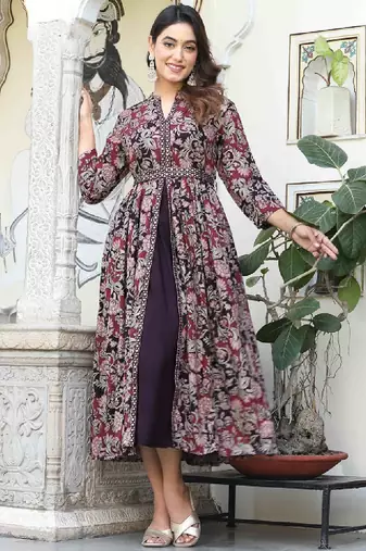 Floral printed v-neck mirror work anarkali kurta