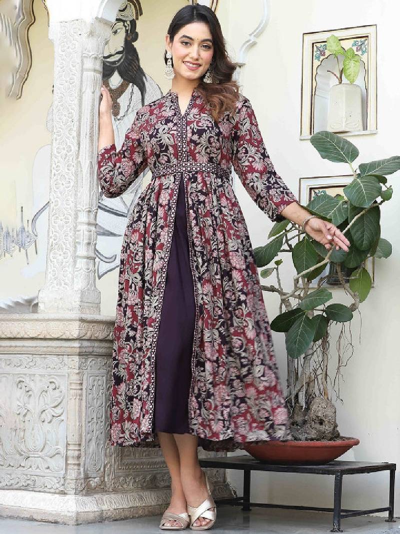 Floral printed v-neck mirror work anarkali kurta