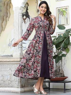 Floral printed v-neck mirror work anarkali kurta 3