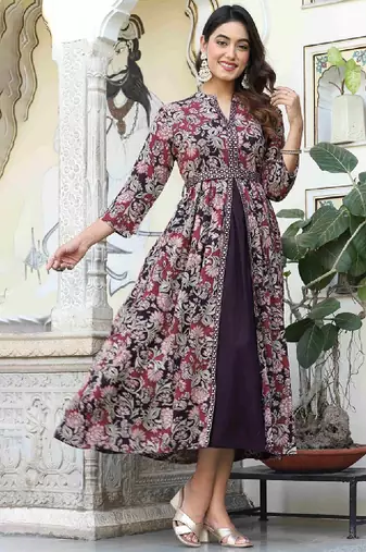 Floral printed v-neck mirror work anarkali kurta