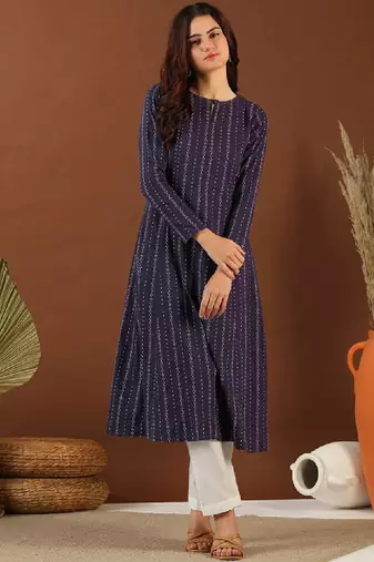 Ethnic woven design round neck panelled cotton a-line kurta