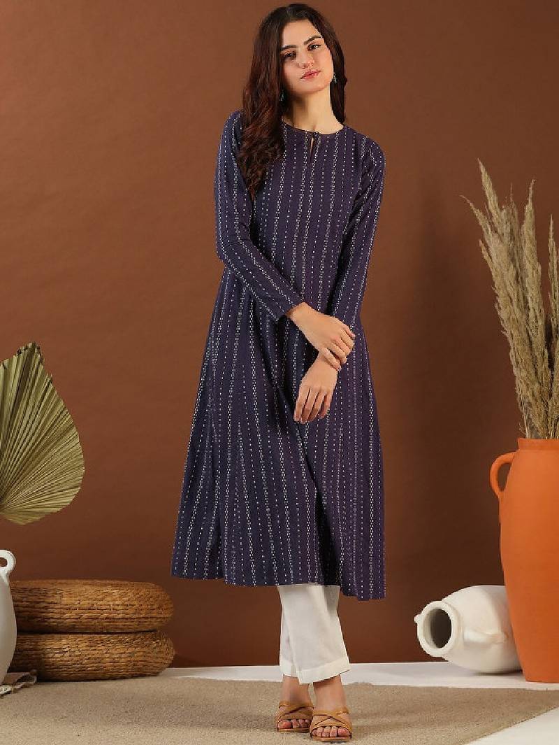 Ethnic woven design round neck panelled cotton a-line kurta