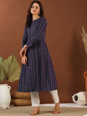 Ethnic woven design round neck panelled cotton a-line kurta 3
