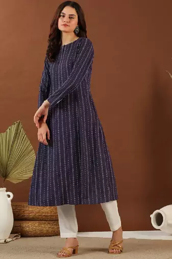 Ethnic woven design round neck panelled cotton a-line kurta