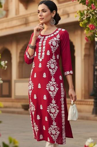 Floral embroidered round neck chikankari straight kurta
