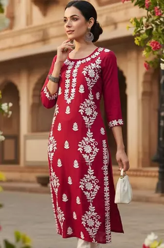 Floral embroidered round neck chikankari straight kurta