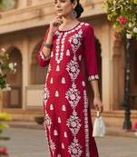 Floral embroidered round neck chikankari straight kurta