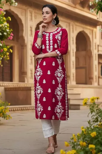 Floral embroidered round neck chikankari straight kurta
