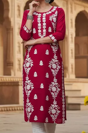 Floral embroidered round neck chikankari straight kurta
